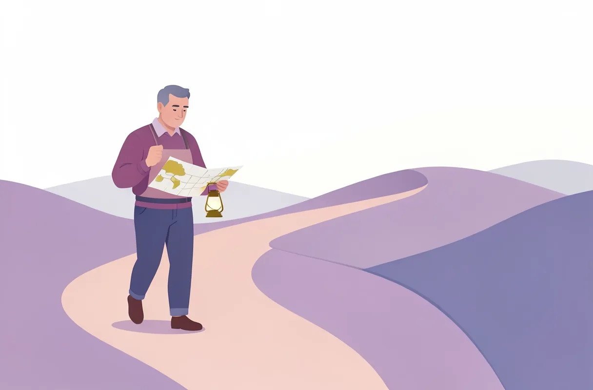 Illustration av en äldre man som går längs en slingrande stig mellan mjuka violetta kullar. Han läser en karta och bär en tänd lykta.