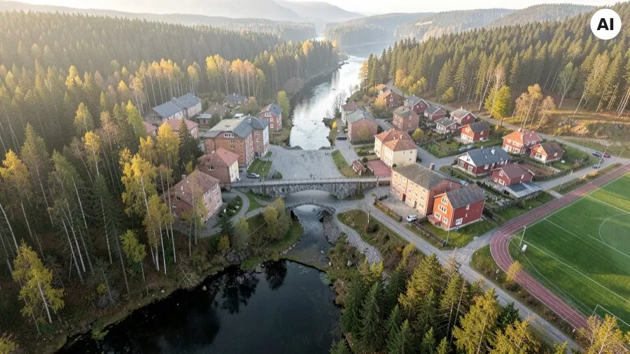 Flygbild över Klarby, en AI-genererad ort i höstfärger med en å, en gammal stenbro, röda och gula hus, barrskog och en idrottsplats.